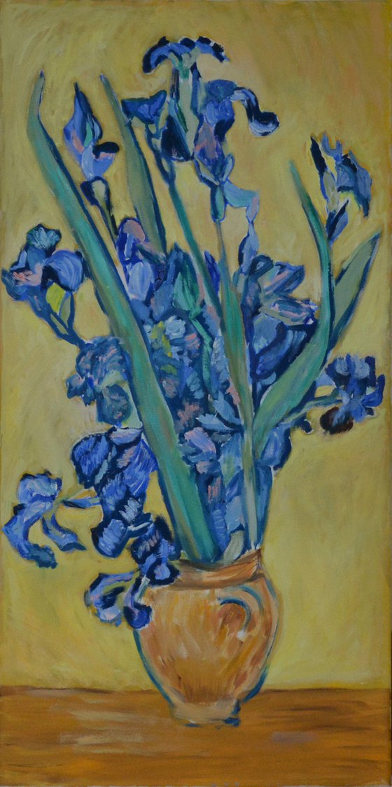 Irises on the yellow background inspired by Vincent Van Gogh