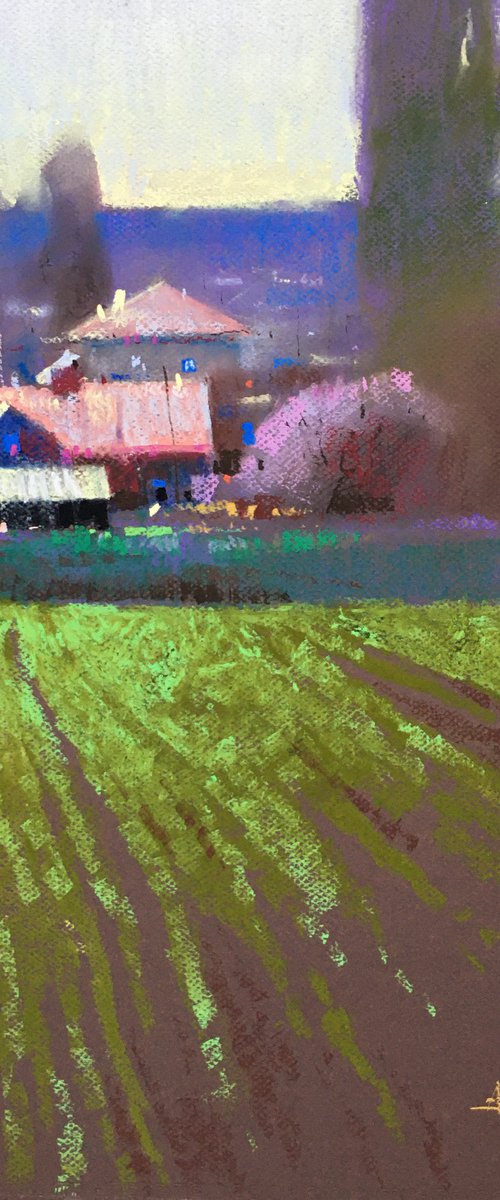 Spring in Ukrainian village. Soft pastel drawing original artwork by Andrii Kovalyk