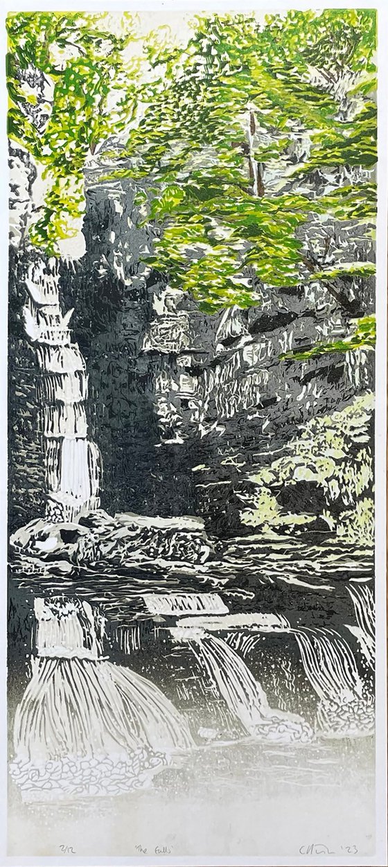 The Falls - Waterfalls Linocut Print