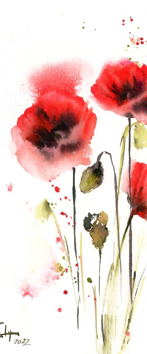 Poppy Florals Watercolor Painting by Sophie Rodionov