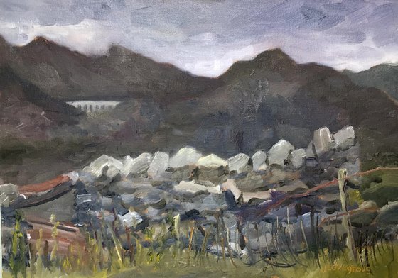 Stone walls and mountains near Ffestiniog, An original oil painting.