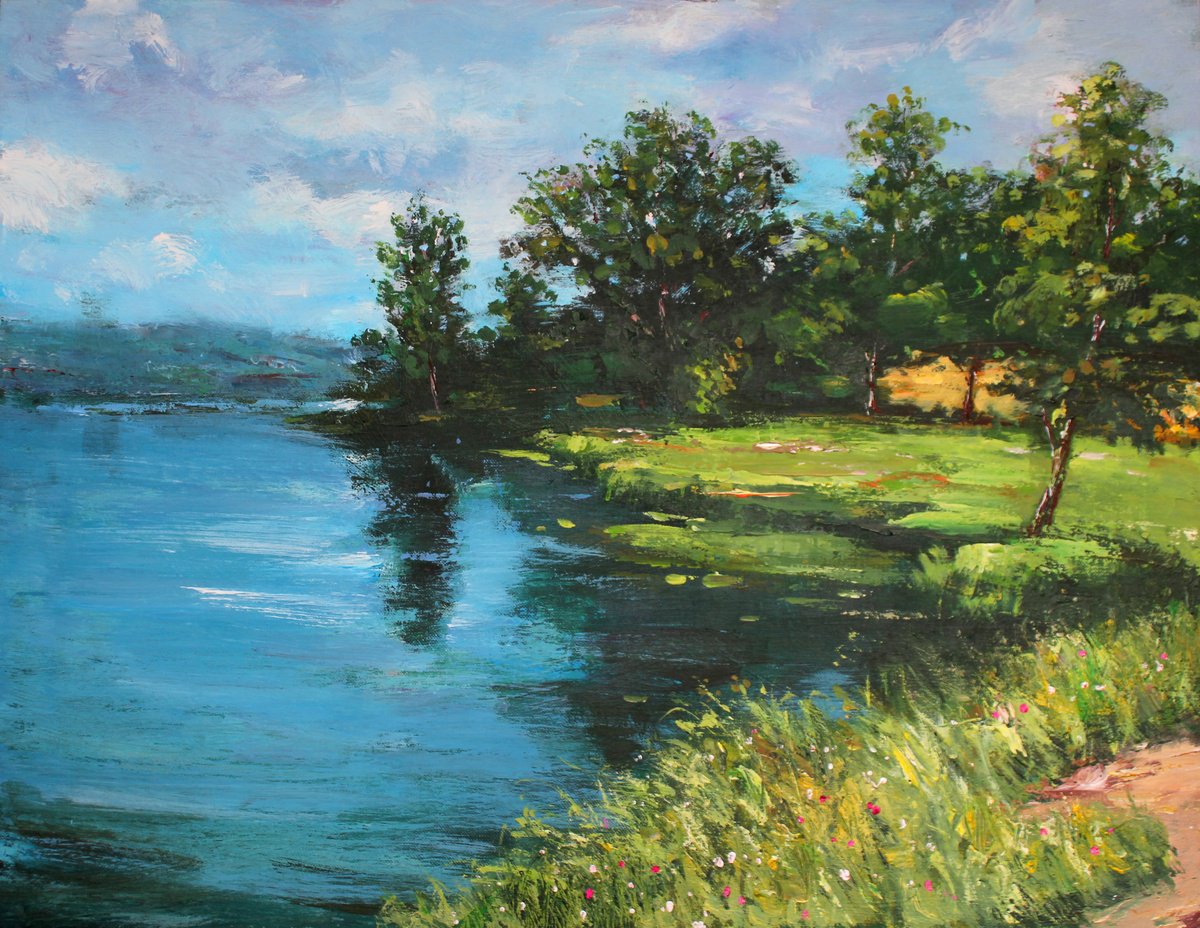 Impressionistic Landscape Acrylic Painting By Mir-Jan, 26 X 20", Silver Lake 2, Original Artwork