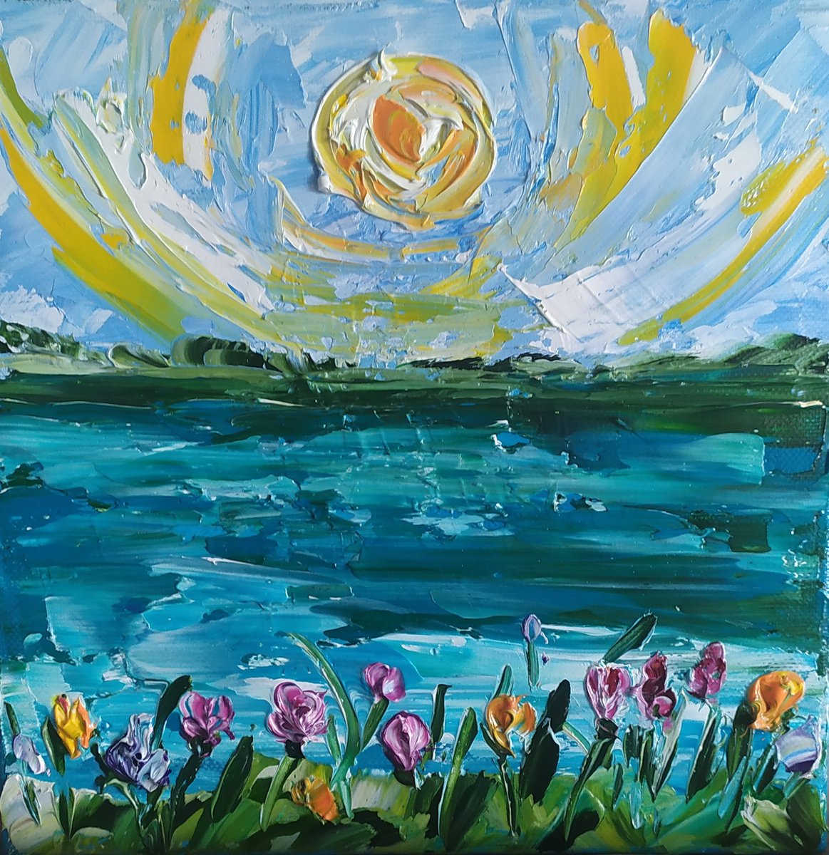 Sunny morning, small landscape seascape impasto oil painting, Gift by Nataliia Plakhotnyk