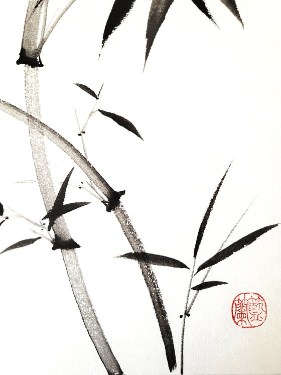 Two intersecting bamboo trunks  - Bamboo series No. 2113 - Oriental Chinese Ink Painting