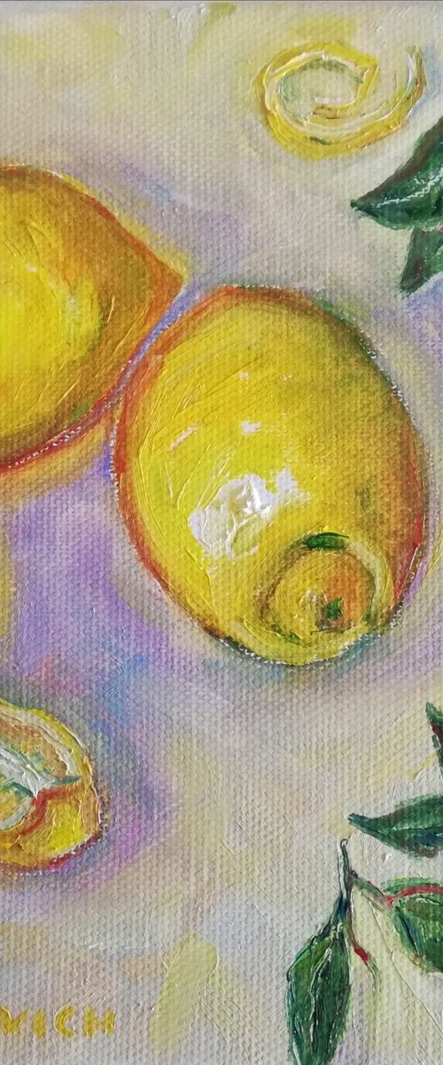 "Lemons on a table" Kitchen Still-life / Small Oil Painting 8x8in (20x20cm) by Katia Ricci