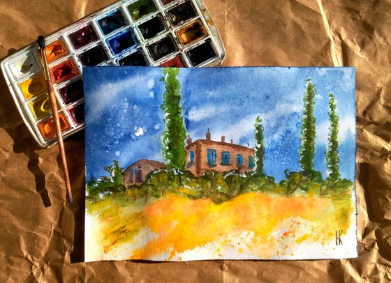 Tuscany Painting Landscape Original Art Farm House Watercolor Poplar Tree Artwork Yellow Field Small Wall Art 8 by 12" by Halyna Kirichenko