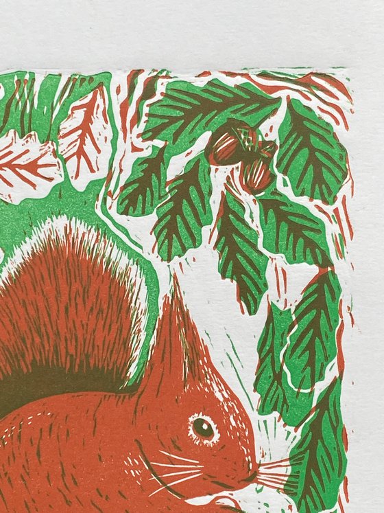 Limited edition handmade linocut. Red Squirrel 4/95