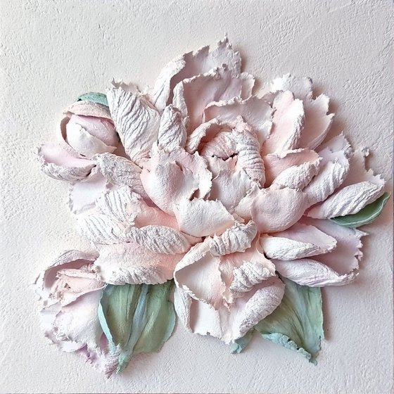 Peony flower panel. Small ceramic sculpture 3d flower with white petals. Tender peony botanical bas- relief. White Peony 2 - 3d painting