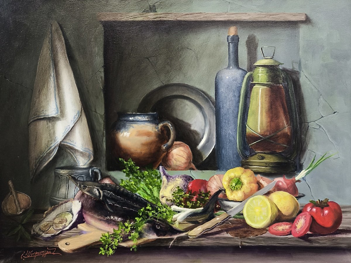 Impressionistic Still Life Oil Painting By Arayik Muradyan, 31 X 24, Old Lantern And Fresh Catch, Original Artwork
