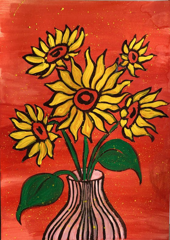 Sunflowers in vase on Red