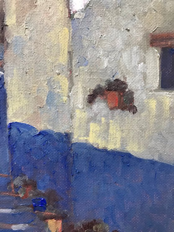 Original Oil Painting Wall Art Signed unframed Hand Made Jixiang Dong Canvas 25cm × 20cm Cityscape Street in Skiathos Greece Small Impressionism Impasto