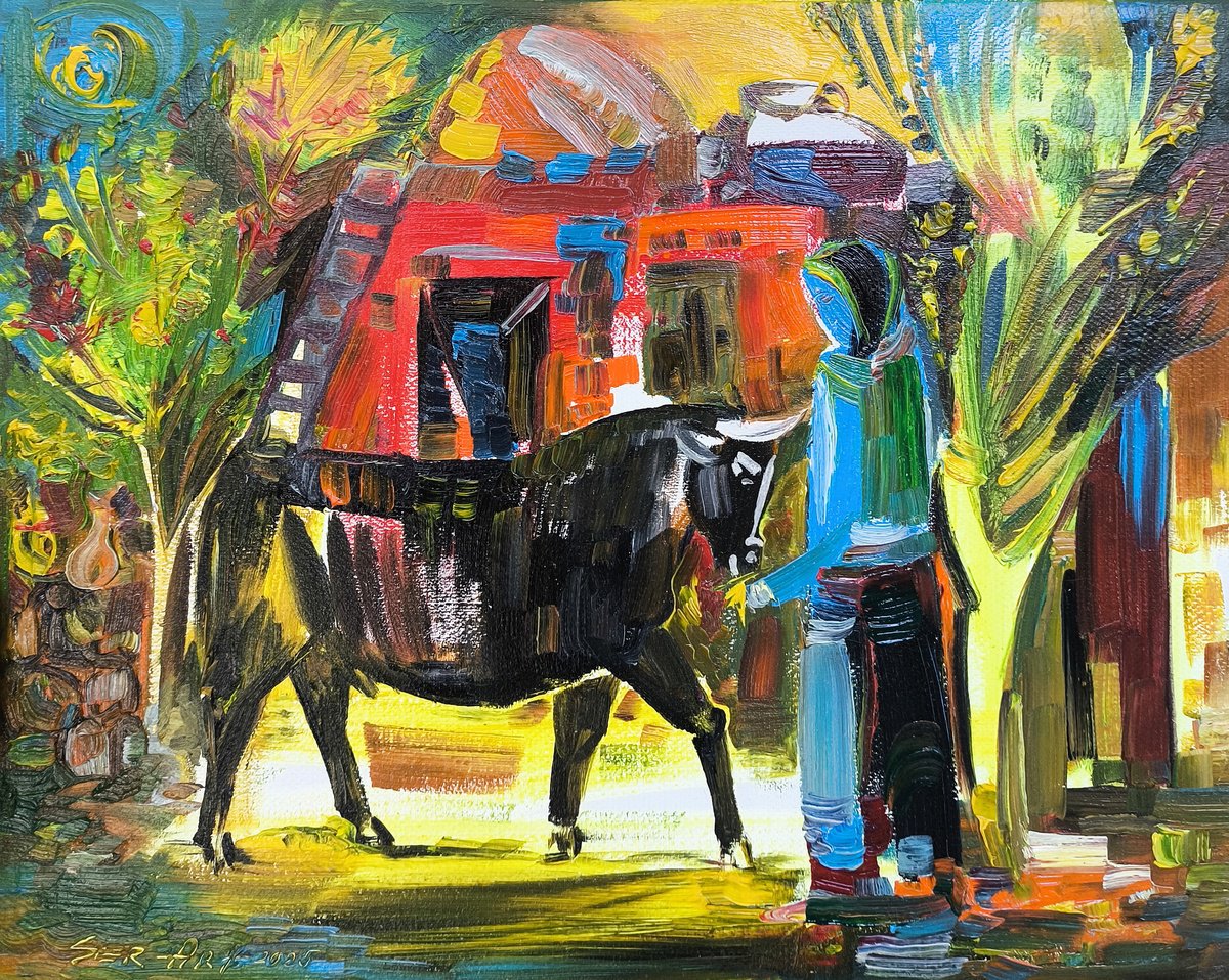 Impressionistic Animal Oil Painting By Seyran Gasparian, 12 X 9", Morning By The Stable, Original Artwork