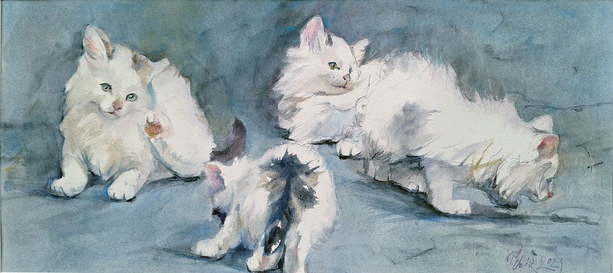 Curious kittens (watercolor painting for kids room) by Irina Bibik-Chkolian