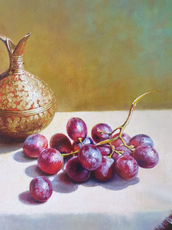 "Still life with grapes and an old brass jug." still life grapes old brass jug summer  liGHt original painting  GIFT (2020)