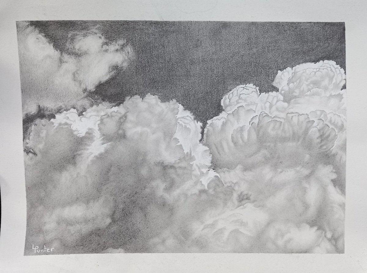 Graphic Landscape Pencil Drawing By Lisa Punter, 15 X 11", Cloudscape 1, Original Artwork