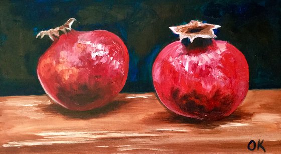 Still life with two  Pomegranates fruits still life original oil painting on canvas wall decor