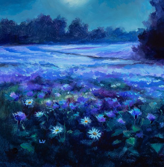 Blue cornflower field at night