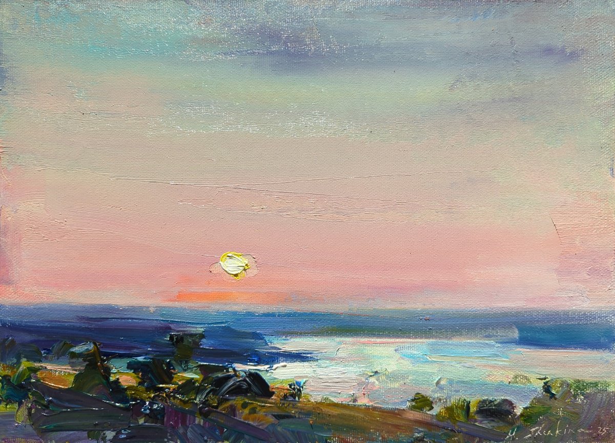 Impressionistic Landscape Oil Painting By Helen Shukina, 11 X 8, Sunset Over The Dnieper River, Original Artwork