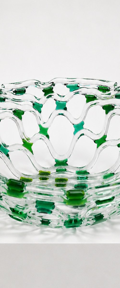 Green Fused Glass Bowl by Oksana Saladino