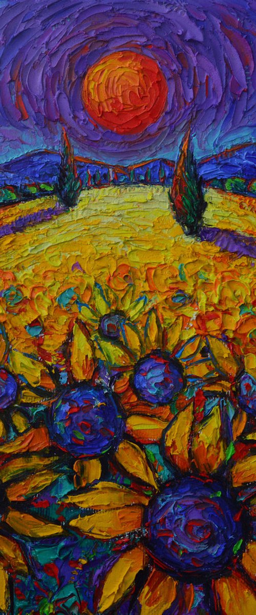 PROVENCE COLORFUL NIGHT sunflowers and cypress trees full moon art abstract landscape textural modern impressionism impasto palette knife oil painting by Ana Maria Edulescu by ANA MARIA EDULESCU
