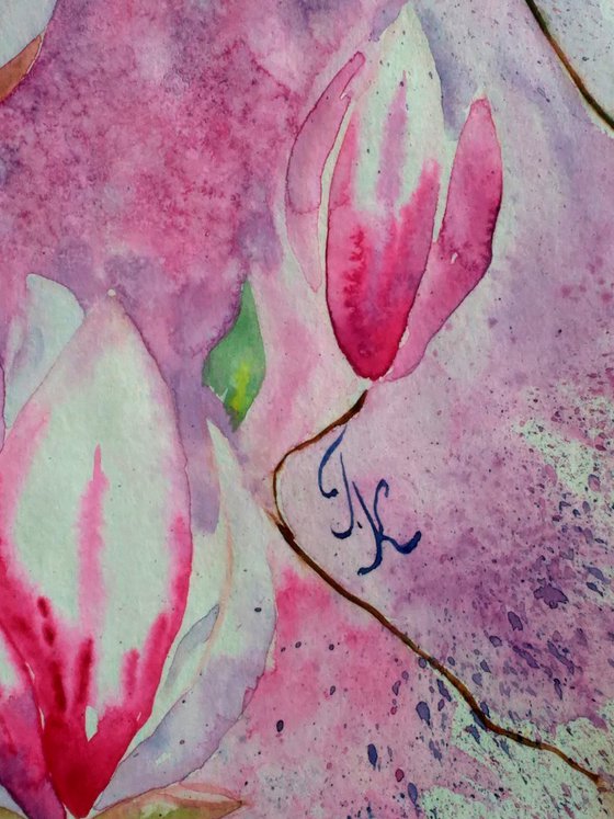 Magnolia Painting Floral Original Art Flowers Watercolor Blossom Artwork Small Wall Art 12 by 17" by Halyna Kirichenko