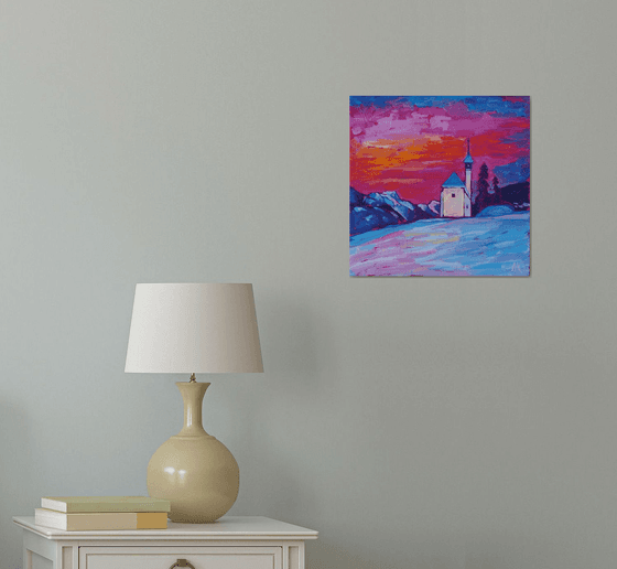 Winter sunset - good vibes original handmade oil painting