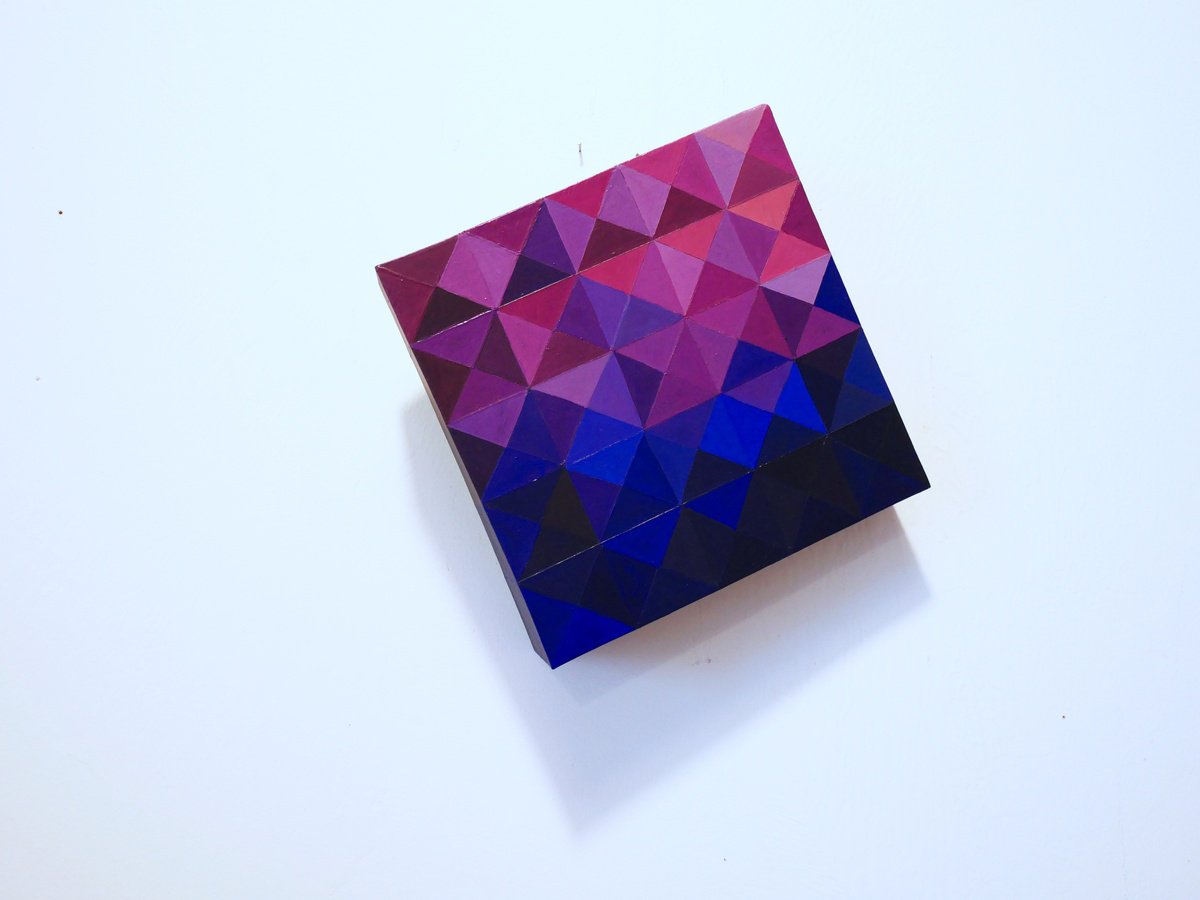 Geometric Cityscapes Sculpture By Jessica Moritz, 8 X 8, Prism, Cube Illusion From Purple To Blue, Original Artwork