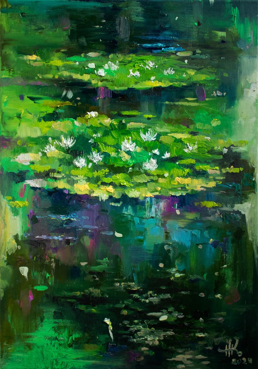 Expressive Botanical Oil Painting By Zhanna Kondratenko, 14 X 20", Lily Pond. Summer, Original Artwork