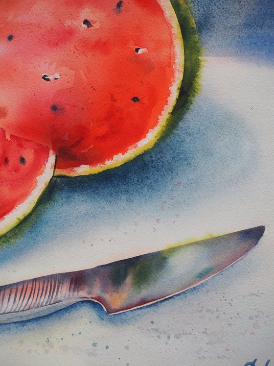 Watermelon and knife - original watercolor