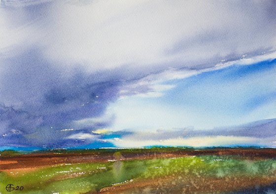 View from the train window series. Salamanca landscape. Original watercolor. Small watercolor natural sky clouds landscape