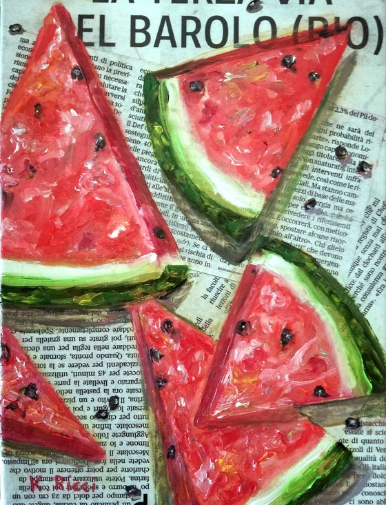 "Watermelon Slices on Newspaper" Original Oil on Canvas Board Painting 7 by 10 inches (18x24 cm)