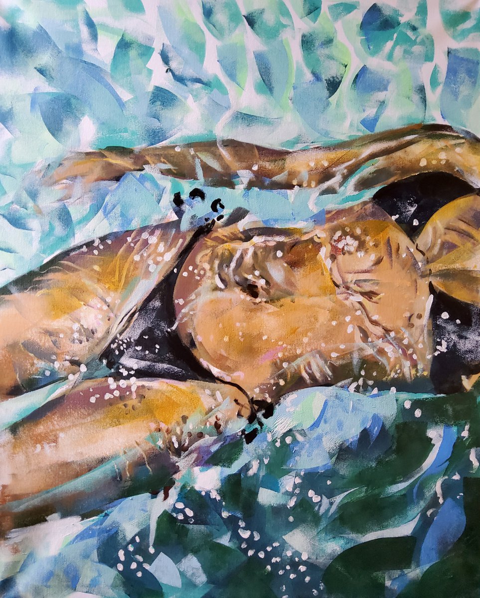 Expressive Portrait Acrylic Painting By Marina Del Pozo, 32 X 39", Piscina 3, Original Artwork