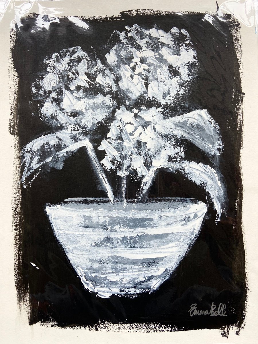 Hydrangeas White on Black acrylic on paper by Emma Bell
