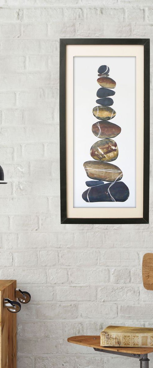 Zen stones - Eleven stones #1  (50 cm - banded balancing stones lino/monoprint) by Carolynne Coulson