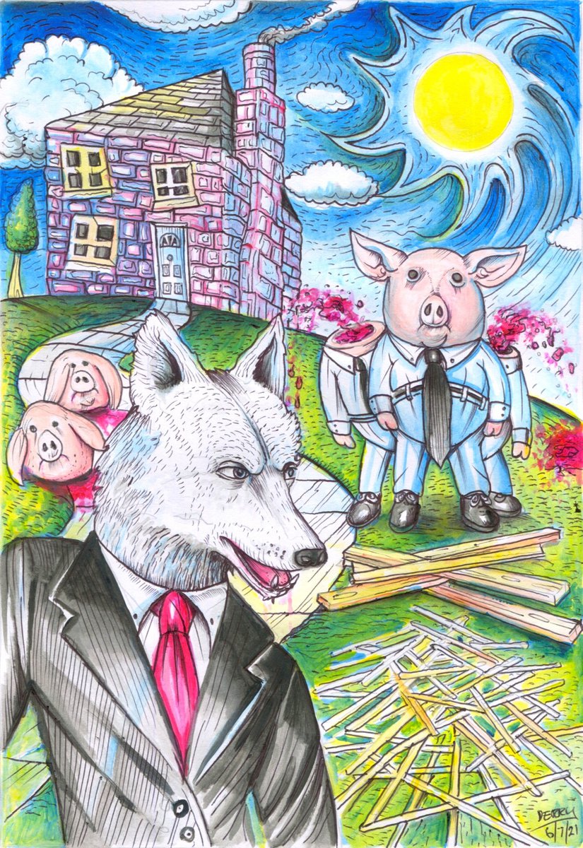Surrealistic Animal Drawing By Spencer John Derry, 8 X 12", The Big Bad Wolf, Original Artwork