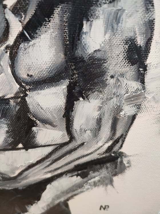 Passion, nude erotic couple, black and white art, monochrome oil painting