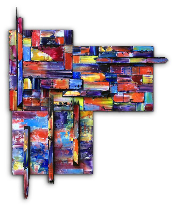 "Block Out" - Original Three-Piece Assembled PMS Mixed Media Sculptural Painting On Wood, Framed -  40 x 48 inches