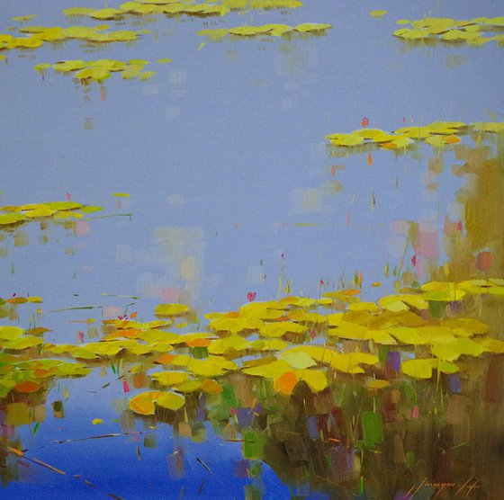 Waterlilies in Cobalt, Large Original oil Painting, Portrait Orientation,  Impressionism, Handmade artwork, One of a Kind