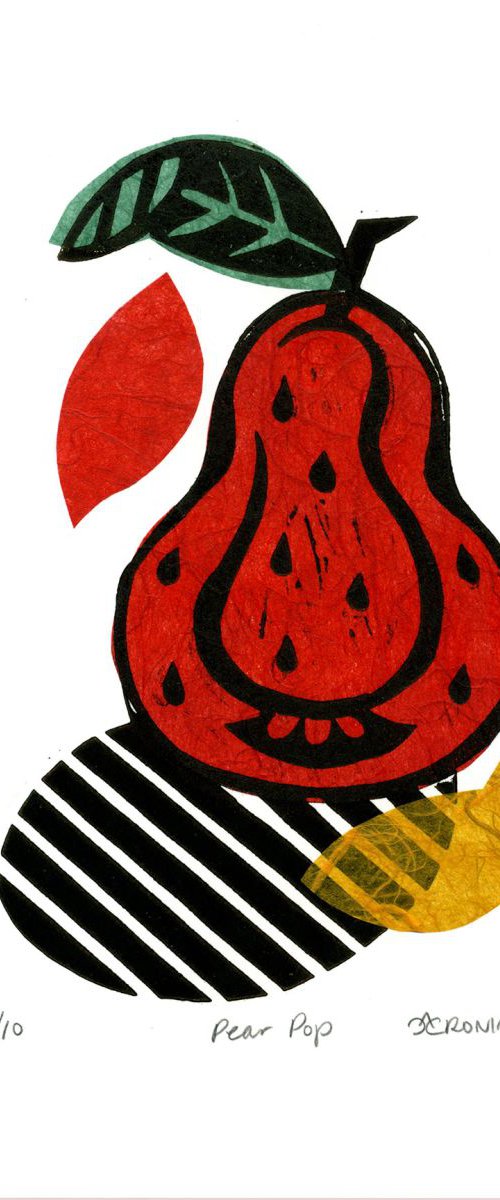 Pear Pop Linocut Print & Chine-collé 9 of 10 (pear design 2) by Catherine Cronin