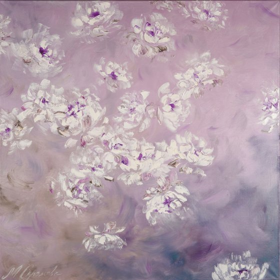 FOG IN THE GARDEN - White peonies. Abstract flowers. Shining peonies. Lilac tones. Haze. Dream. Garden.