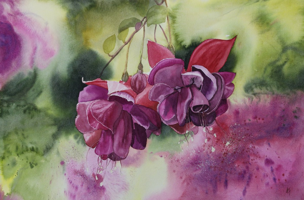 Impressionistic Botanical Watercolour By Aneta Gajos, 22 X 15, Royal Velvet Fuchsia, Original Artwork