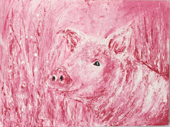 Pig in the field - Acrylic painting - Animal art