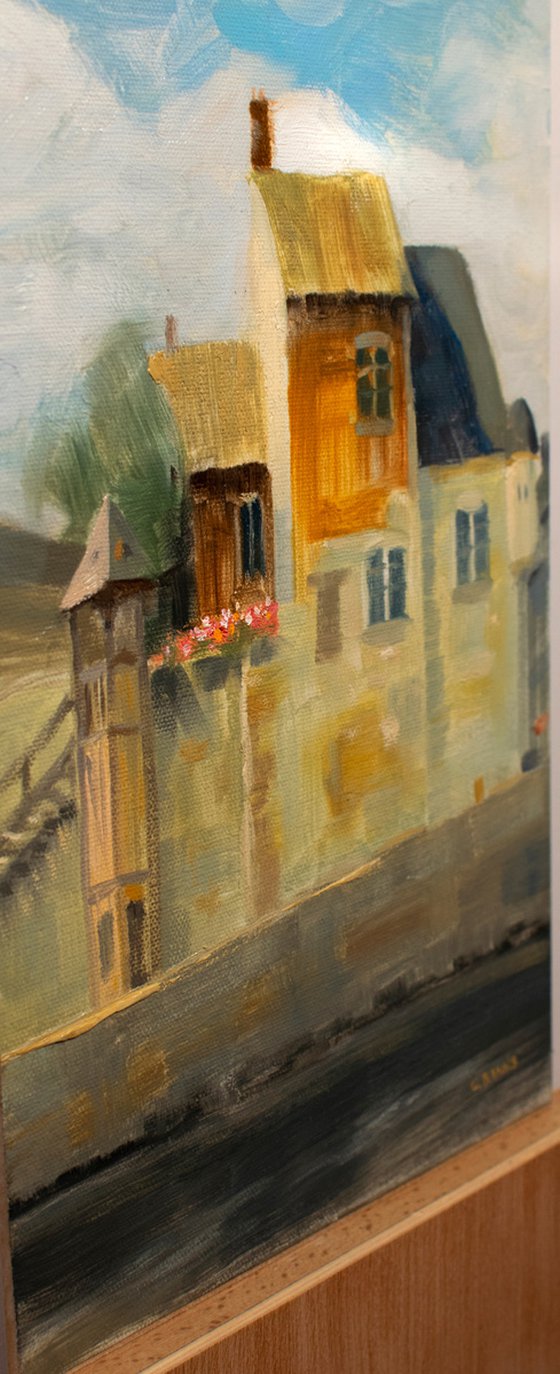 Honfleur harbour France, old buildings framed impressionist