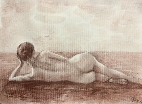 Nude woman from behind lying down on beach by Roman Sergienko