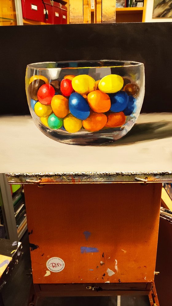 Peanut M and Ms in a glass bowl
