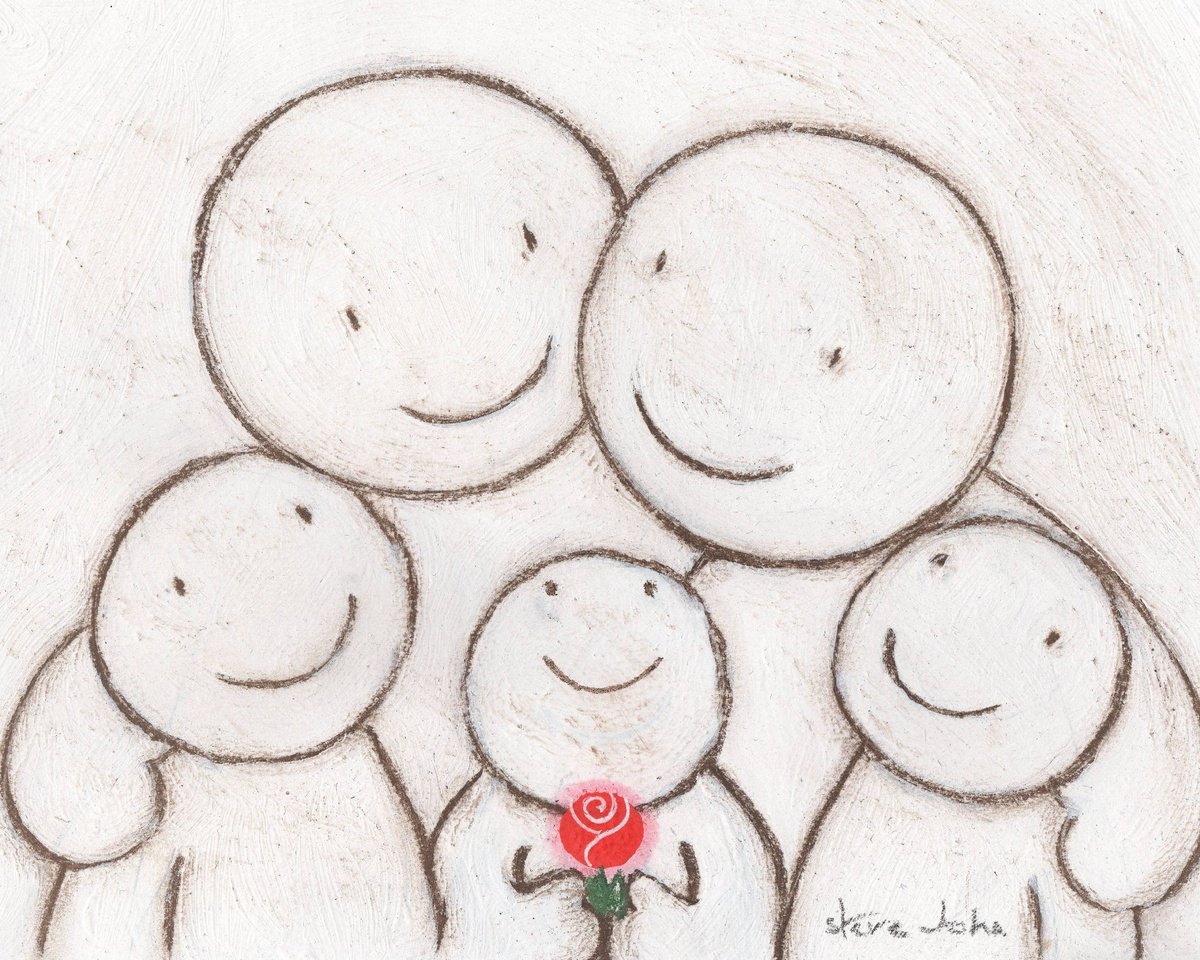 Hugs artwork 45 Family 3 children, holding rose. Unframed by Steve John