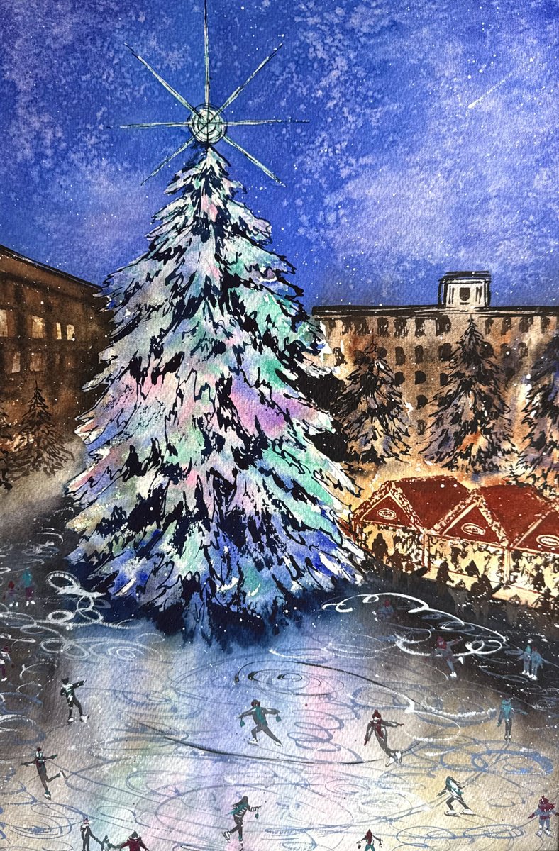 Impressionistic Watercolour , Christmas New Year Ice Rink By Yuliia Sharapova, 15 X 22, Artwork For Sale On Artfinder