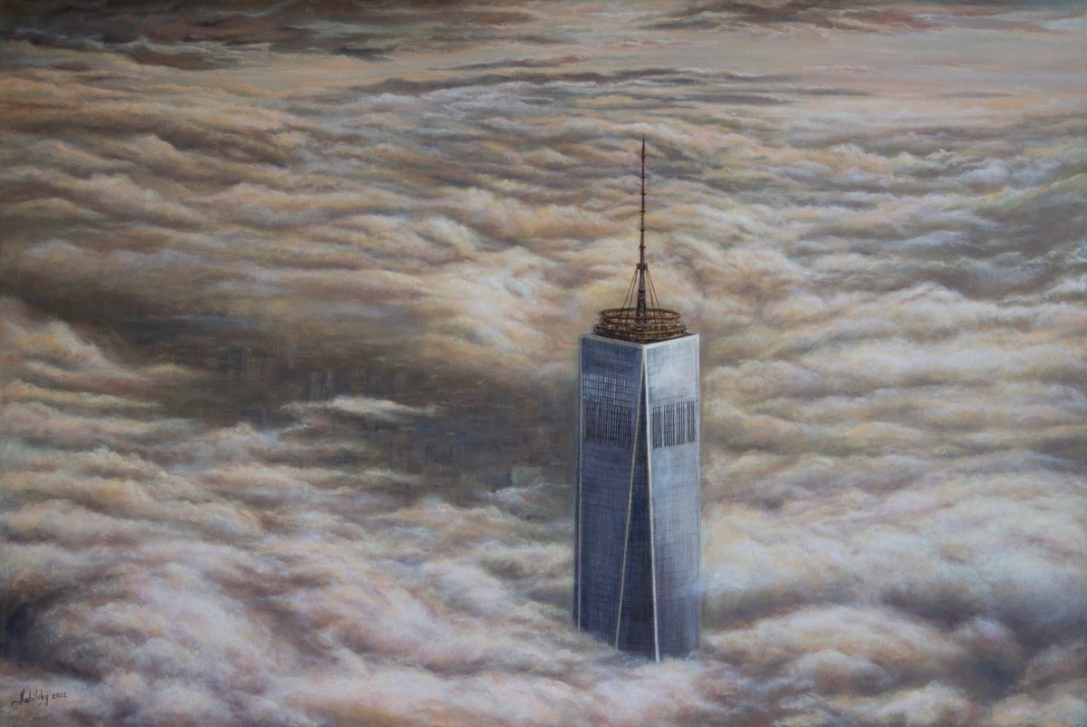 Photorealistic Cityscapes Oil Painting By Olena Nabilsky, 36 X 24", One Tower, Original Artwork
