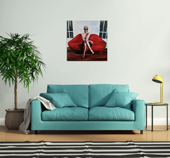 LIPS SOFA - oil painting on canvas, red lips, woman, gaze, sex, erotics, body shapes, white, red, sunglasses, office art, wall art