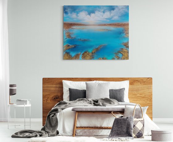 A XXL large modern semi-abstract structured mixed-media seascape painting "Awakening"